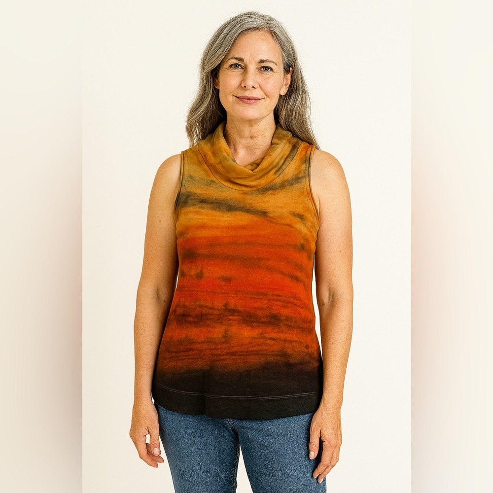 Raquel Allegra sleeveless turtleneck banded bottom dessert color tie dye look YY
